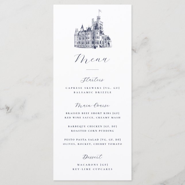 Menu Ilustração de Castelo Elegante para Casamento no D (Frente)