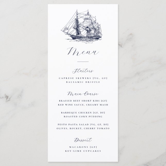 Menu Ilustração de Navio Náutico Elegante Casamento (Frente)