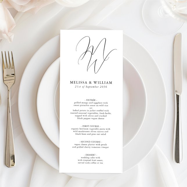 Menu Iniciais de Monograma Chic Casamento Branco Negro (Elegant Double Initial Monogram Wedding Menu in Black & White View the full Wedding Invitation Suite)