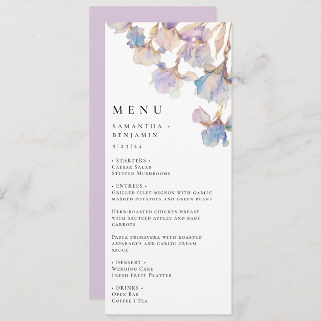 Menu Iris Floral Wedding Elegante (Frente/Verso)