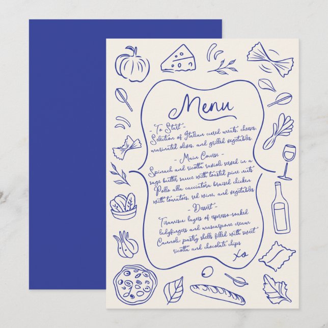 Menu Italiano Desenhado à Mão Azul e Creme (Frente/Verso)