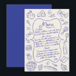 Menu Italiano Desenhado à Mão Azul e Creme<br><div class="desc">Melhore o seu casamento com este cartão de menu ilustrado. Com ícones de comida desenhados à mão e um design clássico, este cartão de menu personalizável adiciona um toque encantador ao seu dia especial. Perfeito para mostrar o seu menu cuidadosamente selecionado, este cartão é elegante e funcional, tornando-se um lindo...</div>