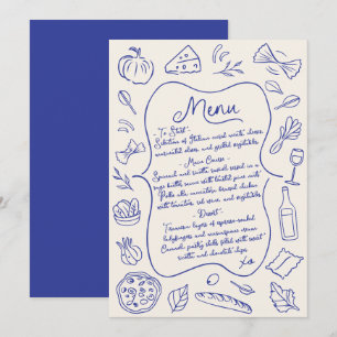 Menu Italiano Desenhado à Mão Azul e Creme