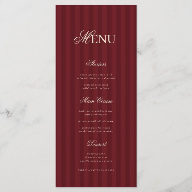 Menu Ivory & Burgundy Elegant Stripes Retro Wedding (Frente)