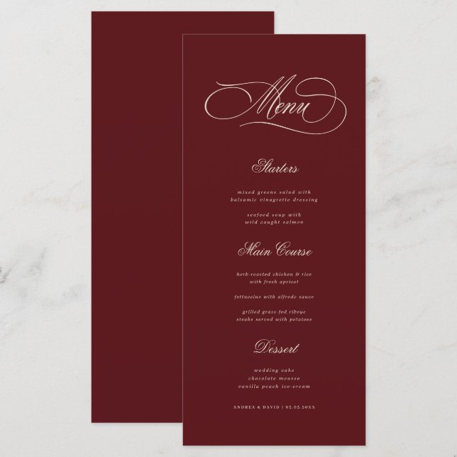 Menu Ivory & Burgundy Old Money Aesthetic Retro Wedding (Frente/Verso)