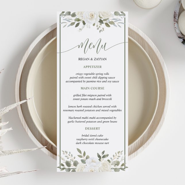 Menu Ivory E Sage Elegant Floral WedMenu (Criador carregado)