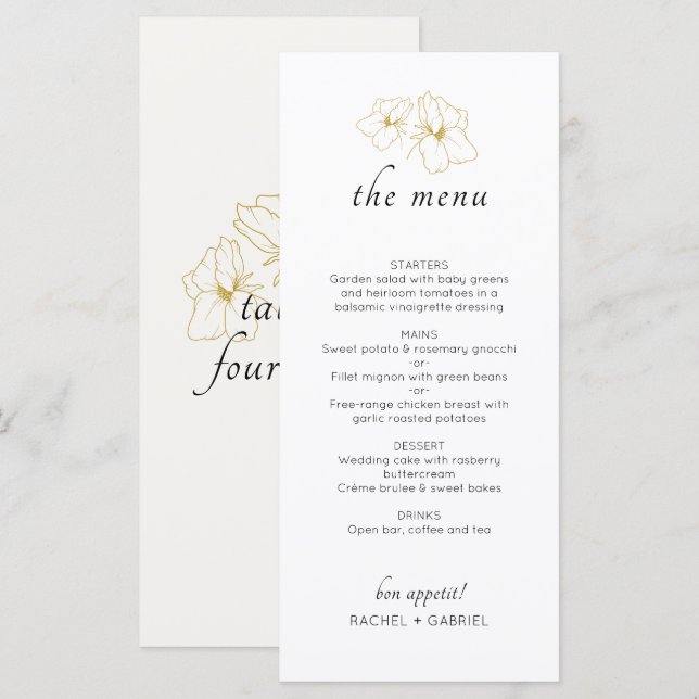 Menu Ivory & White | Casamento Floral Dourado Chic Faux (Frente/Verso)