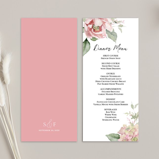 Menu Janta Floral Blush Pink Wedding (Wedding elegant floral menu card template. )