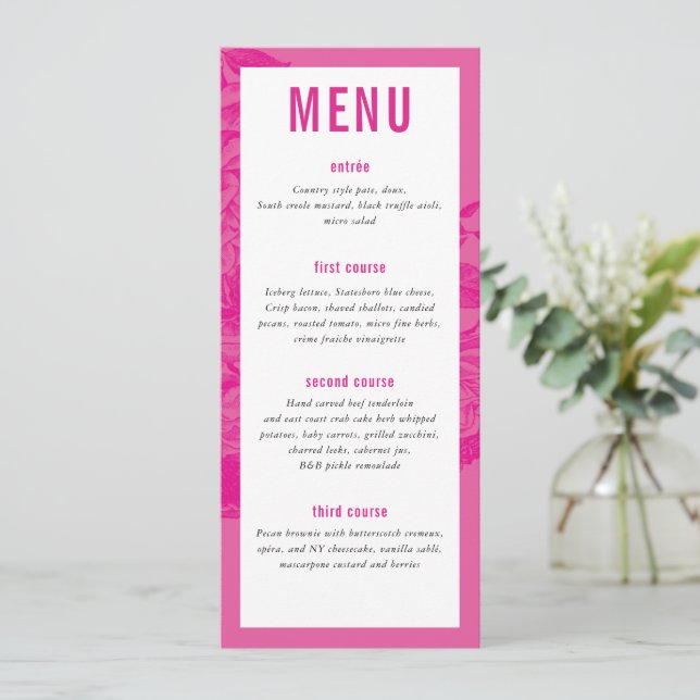 Menu JANTAR cor-de-rosa bonito floral elegante moderno  (Em pé/Frente)