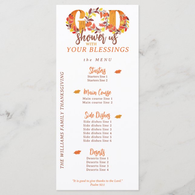 Menu Jantar de Ação de Graças Religioso Citação da Bíbl (Frente)