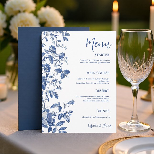 Menu Jantar de Casamento Botânico com Toile Azul Clássi (Classic Blue Toile Botanical Wedding Dinner Menu)