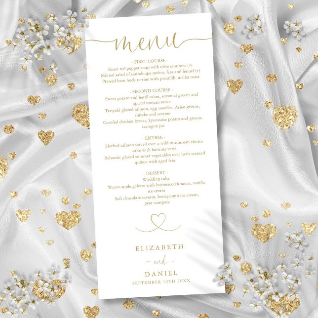 Menu Jantar de casamento com elegante letra coração em  (Elegant Gold Heart Script Wedding Dinner Menu)