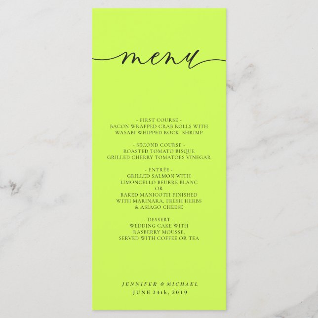 Menu Jantar de Casamento com Roteiro Simples Preto Jato (Frente)