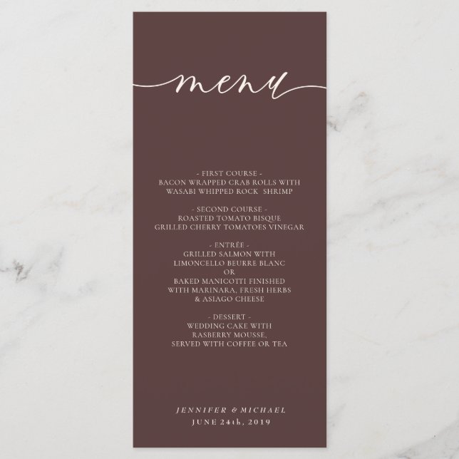 Menu Jantar de casamento de escrita simples marrom choc (Frente)