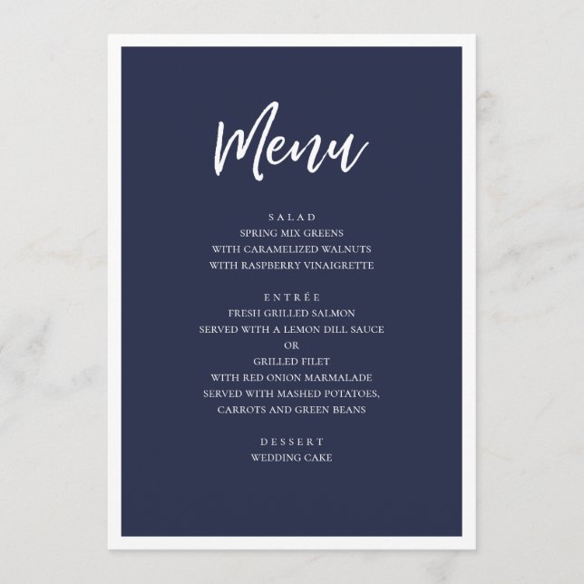 Menu Jantar de casamento moderno da marinha. Azul minim (Frente)