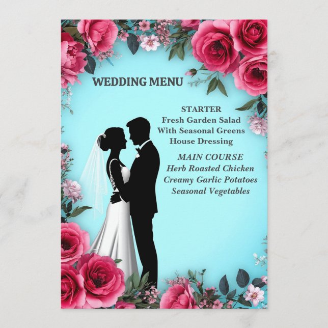 Menu Jantar de Casamento Romântico Azul Rosa 🌸 (Frente)