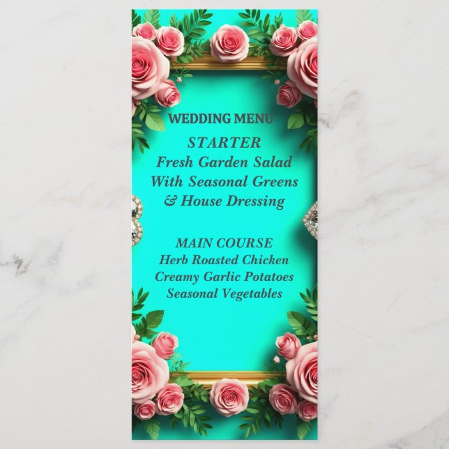 Menu Jantar de Casamento Romântico Turquesa Rosa 🌸 (Frente)