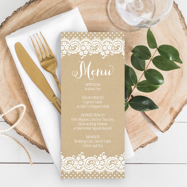 Menu Jantar de casamento rústico Kraft e renda (Criador carregado)
