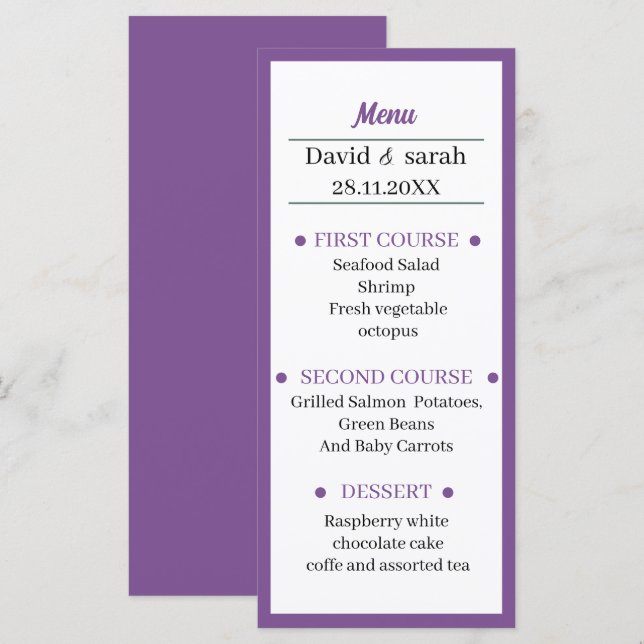 Menu Jantar de Casamento Simples Roxo Personalizado (Frente/Verso)