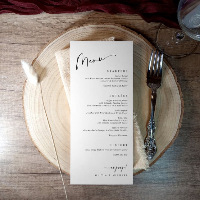 Menu Jantar de Curso de Comida Moderna Casamento Preto  (Modern minimalist black and white wedding menu with elegant script typography)