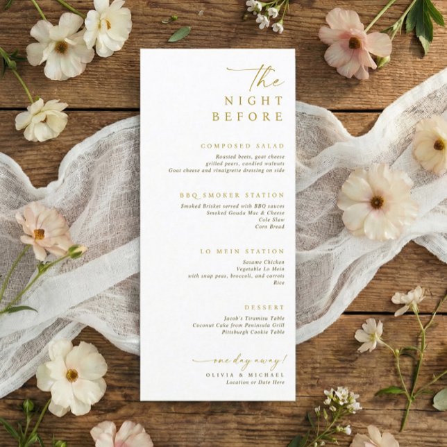 Menu Jantar de Ensaios do Dia Anterior ao Casamento com (Elegant gold wedding rehearsal dinner menus - 4 stations or courses - in elegant handwriting.)