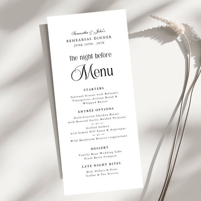 Menu Jantar de Ensaios Moderno e Elegante da Véspera (Criador carregado)