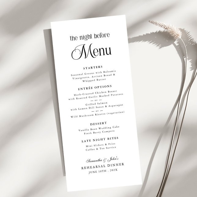 Menu Jantar de Ensaios Moderno e Elegante da Véspera (Criador carregado)