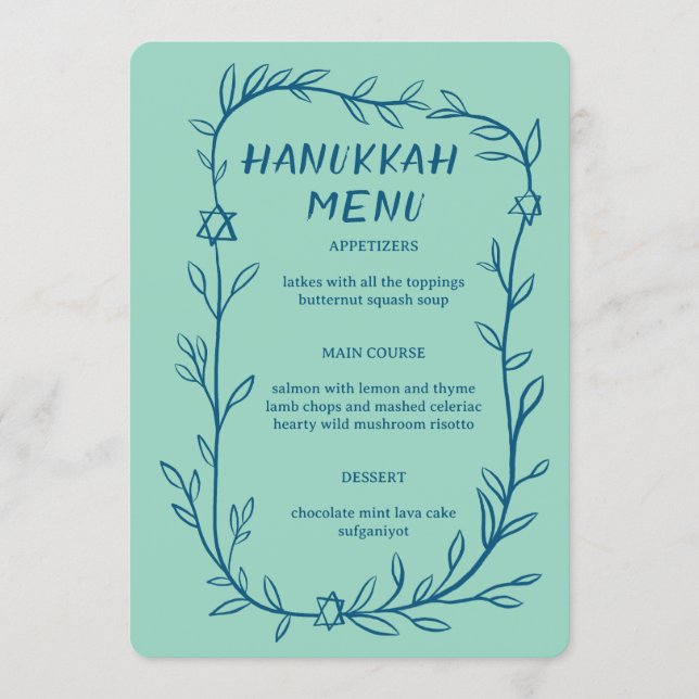 Menu Jantar de festa de Hanukkah com botânica delicada  (Frente)
