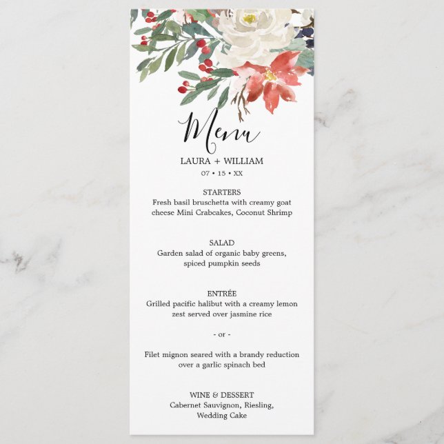 Menu Jantar de Natal com Flores e Frutas de Inverno (Frente)