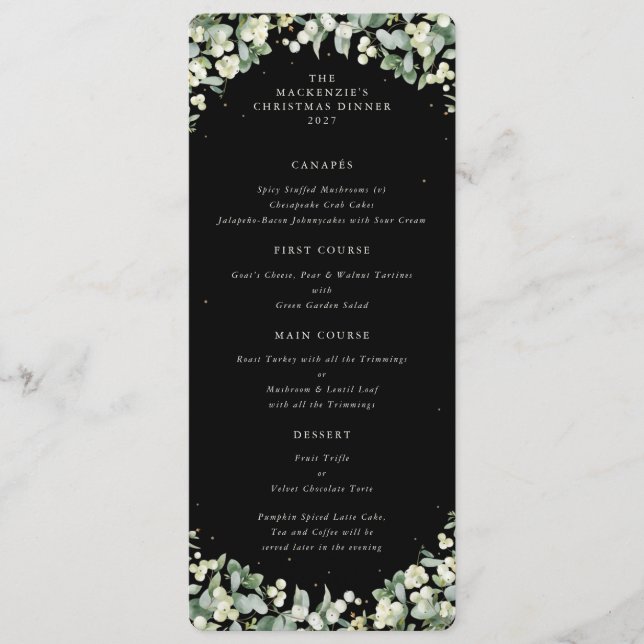 Menu Jantar de Natal com Frutas de Neve Preto 4 Pratos (Frente)