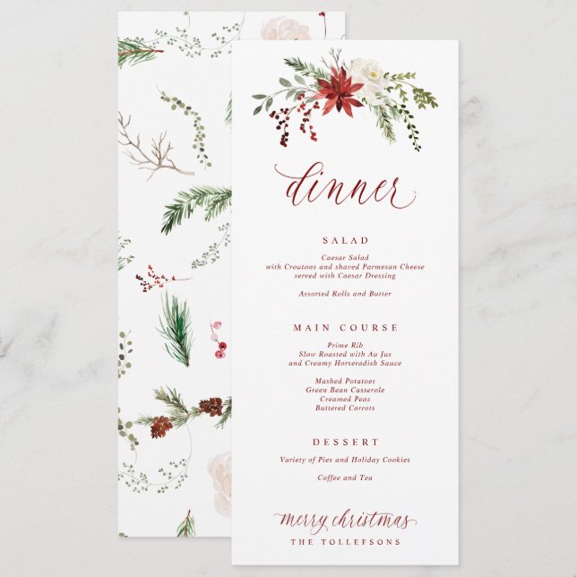 Menu Jantar de Natal em Aquarela Festiva e Elegante (Frente/Verso)