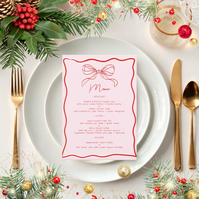 Menu Jantar de Natal Francês Arco Retro Rosa e Vermelho (Criador carregado)