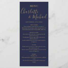 Menu Jantar de Noite de Casamento Azul Marinho e Dourad