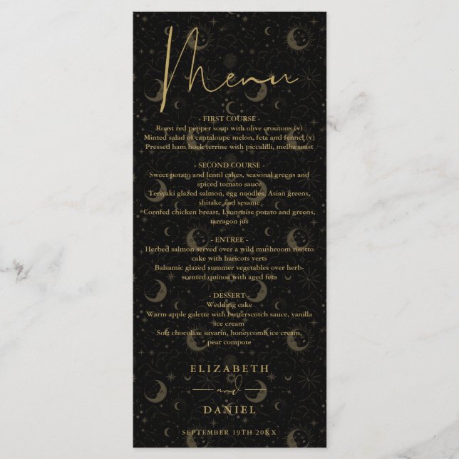 Menu Jantar de Noite de Casamento Preto e Dourado Místi (Frente)