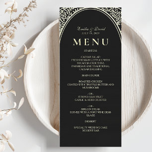 Menu Jantar de Noite de Noivado Preto e Dourado Vintage