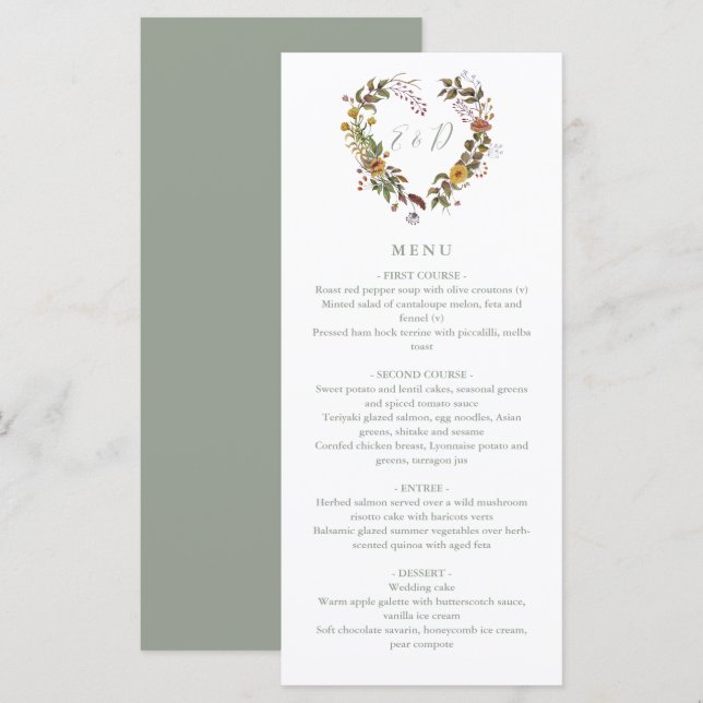 Menu Jantar de Noiva com Floral Rústico em Verde Salvia (Frente/Verso)