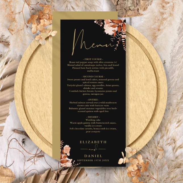 Menu Jantar de Noiva com Floral Rústico Preto e Dourado (Rustic Floral Black And Gold Wedding Dinner Menu)