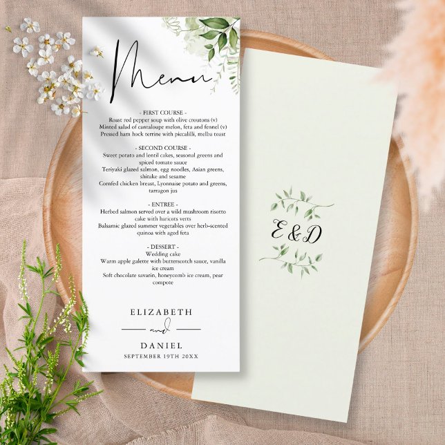 Menu Jantar de Noiva com Monograma Elegante e Vegetação (Criador carregado)