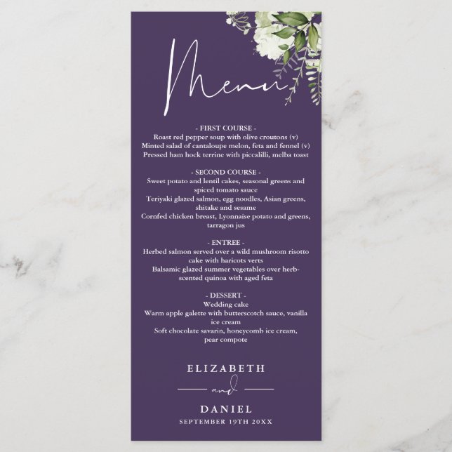 Menu Jantar de Noiva com Monograma Floral Roxo (Frente)