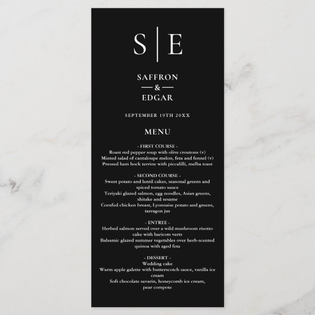 Menu Jantar de Noiva com Monograma Preto e Branco Chic (Frente)