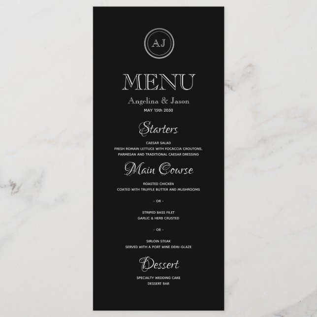 Menu Jantar de Noiva Elegante Preto Minimalista (Frente)