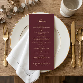 Menu Jantar de Noiva Minimalista Burgundy Dourado Scrip