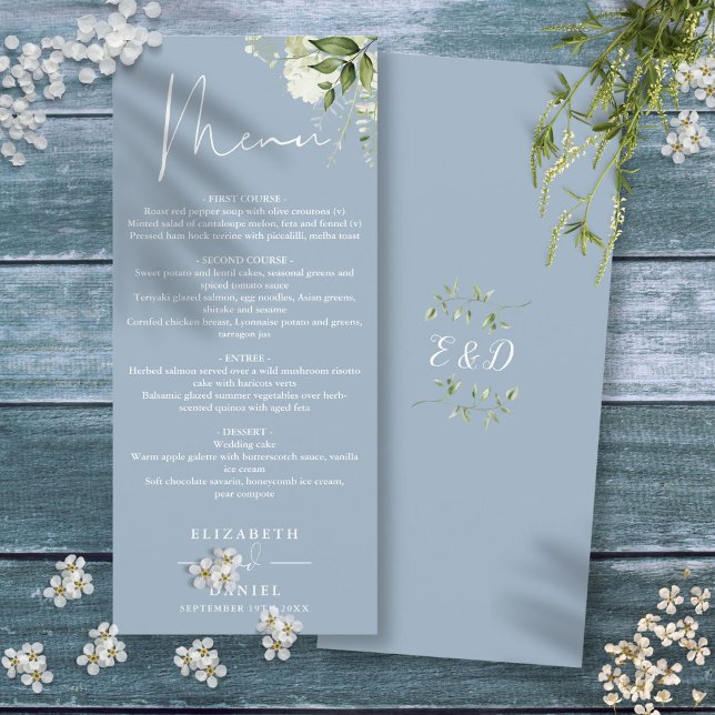 Menu Jantar de Noivado com Monograma de Floral Verde Az (Dusty Blue Floral Greenery Monogram Wedding Dinner Menu)