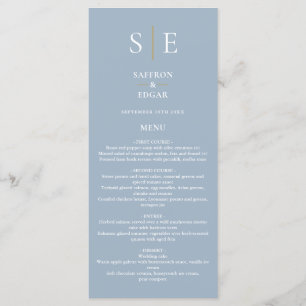 Menu Jantar de Noivado com Monograma em Azul Desbotado