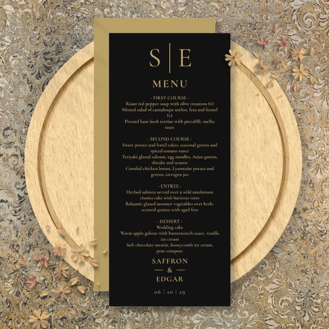 Menu Jantar de Noivado com Monograma Preto e Dourado El (Elegant Black And Gold Monogram Wedding Dinner Menu)