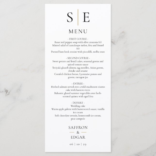 Menu Jantar de Noivado com Monograma Preto e Dourado El (Frente)