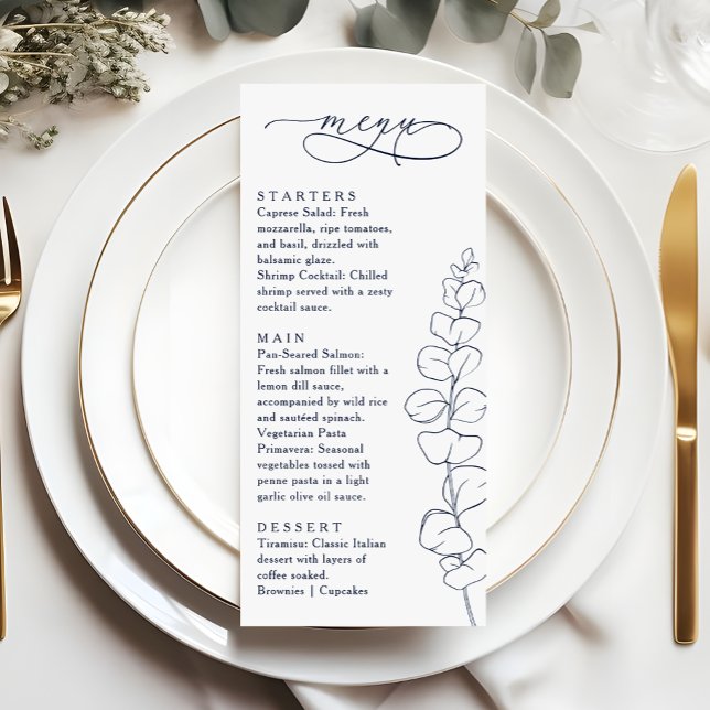 Menu Jantar de Noivado Eucalipto Moderno Azul Marinho e (Criador carregado)