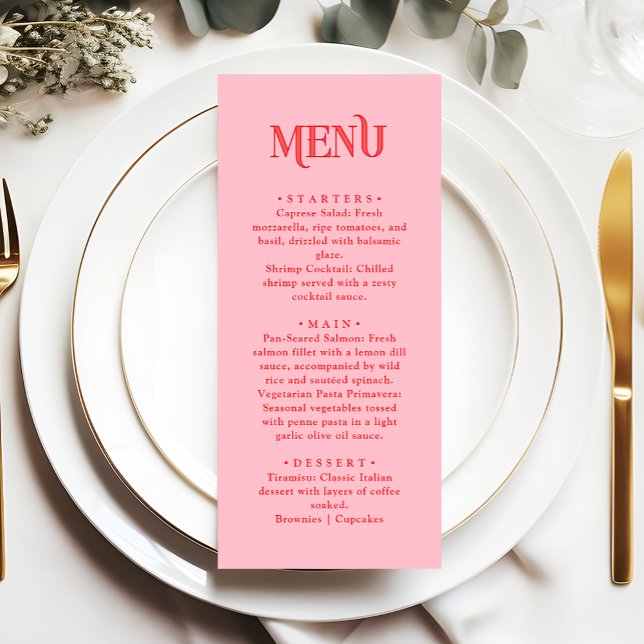 Menu Jantar de Noivado Rosa e Vermelho Retro Moderno (Criador carregado)