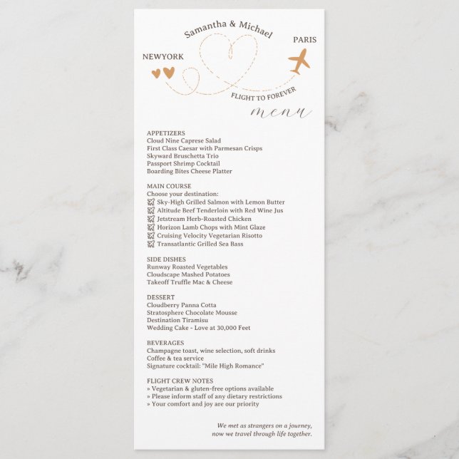 Menu Jantar de Recepção de Casamento com Tema de Viagem (Frente)