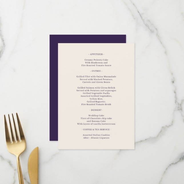 Menu Jantar Elegante Clássico Roxo da Meia-Noite (Frente/Verso In Situ)